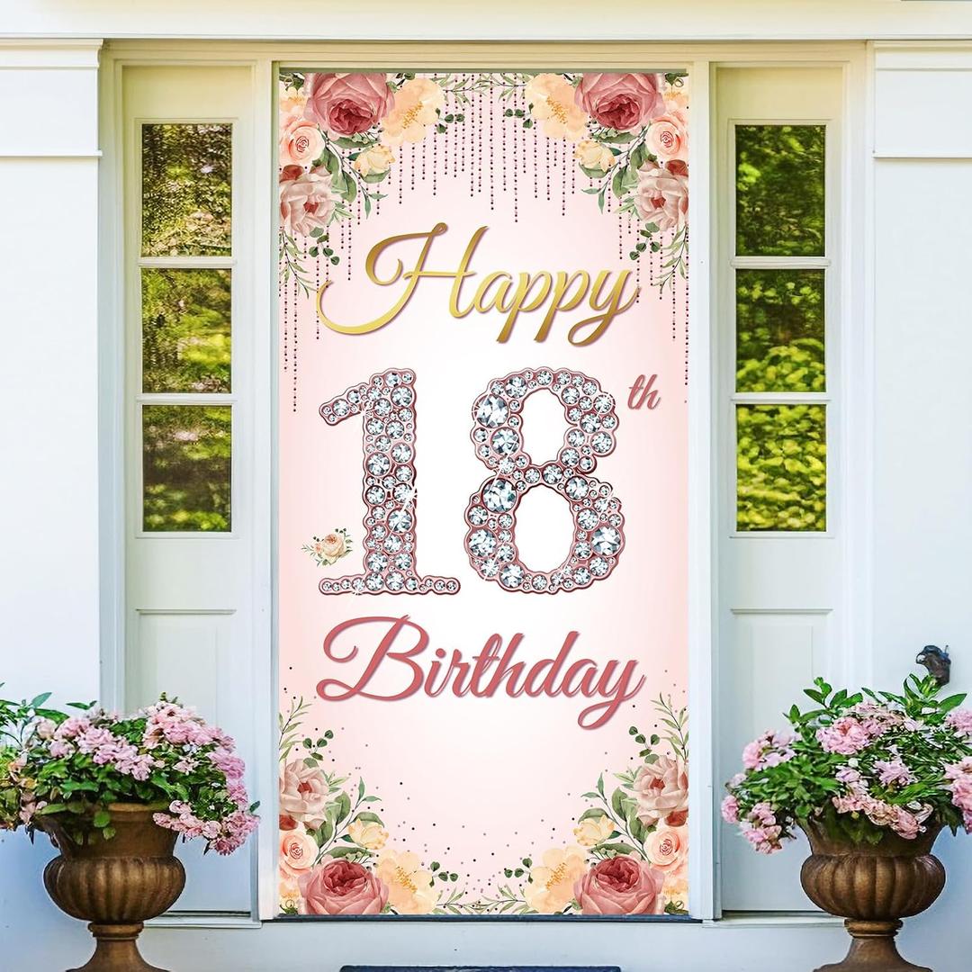 18th Birthday Decorations for Girls, Happy 18th Birthday Door Banner Backdrop, 18 Year Old Birthday Party Yard Sign Poster Photo Props Rose Gold Pink Decor for Outside Inside, Sturdy, Fabric