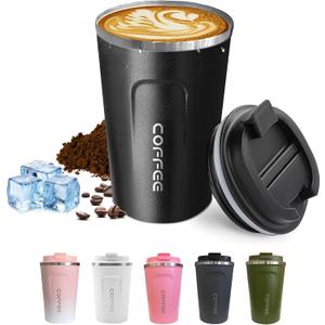 Travel coffee mugs leak-proof, reusable coffee cups with lids, stainless steel vacuum thermos coffee tumblers,thermal insulation cups for men and women hot & cold drinks(2nd-Black, 17OZ)