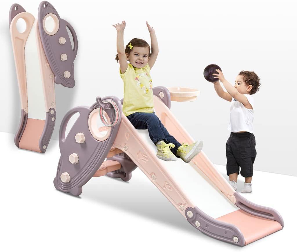 Onasti Kids Slide for Toddlers Age 1-3 Indoor Baby Plastic Slide Outdoor Climber Freestanding Playset with Basketball Hoop & Ring Game Pink (Lila Pink)