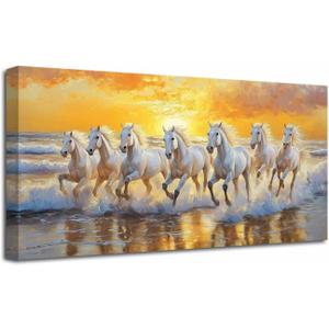 LZIMU Horses Wall Art 7 White Horses Running Picture Wildlife Painting Sunrise Wild Animals Canvas Prints Sunset Nature Landscape Poster Modern Artwork Home Decor (Gold, (20L x 40W))