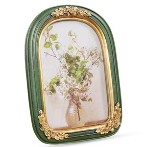 Cuspin Vintage 5x7 Picture Frame Green and Gold Frames, Ornate Arch Picture Frames with Glass Front for Tabletop or Wall Hanging Display, Antique Decorative Photo Frame for Home Decor