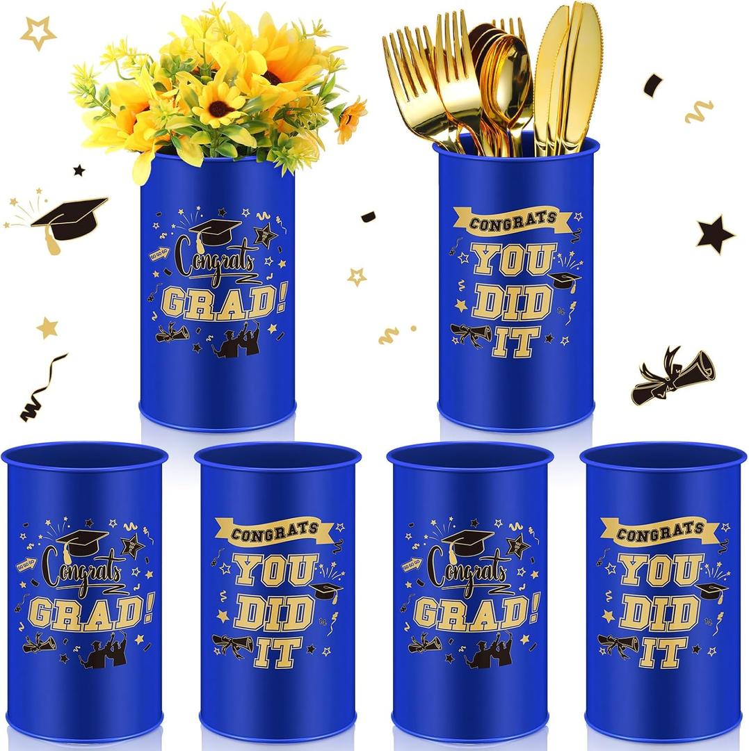 Domensi 12 Pcs 2026 Graduation Table Centerpiece Vase Decorations Class of 2026 Galvanized Metal Tin Vases for Artificial Flowers Grad Caps Cutlery Utensil Holder for Party Supplies Gifts (Blue)