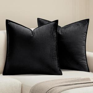 MIULEE Black Velvet Throw Pillow Covers 24x24 Soft Decorative Solid Square Euro Sham Cushion Cases Pack of 2 Modern Luxury Home Decor for Couch, Sofa, Bedroom