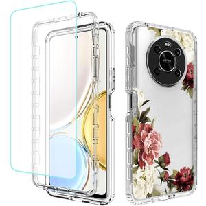 Phone Case for Honor X9 (4G/5G)/Honor X30/Honor Magic4 Lite Case with Tempered-Glass Screen Protector, Cute Clear Floral Pattern Full Body Protective Cover Cases for Huawei Honor X9 (Flower)