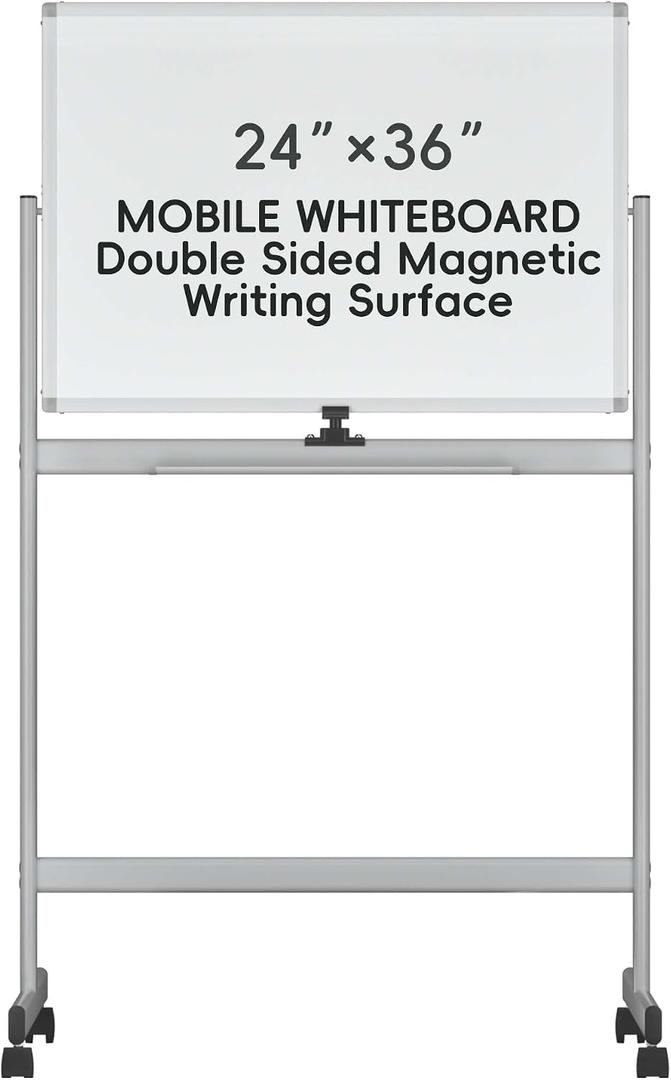 INNOVART Mobile Whiteboard 36" x 24", 360Reversible Double Sided Magnetic Dry Erase Board with Portable Rolling Stand & Lockable Wheels, Silver Aluminum Frame White Board for Classroom, Office, Home