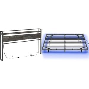 HOOBRO King Size Headboard and Floating Bed Frame King Size Bundle, Headboard with 2 Outlets and 4 USB Ports, Industrial Style Metal Platform King Bed, Soundless