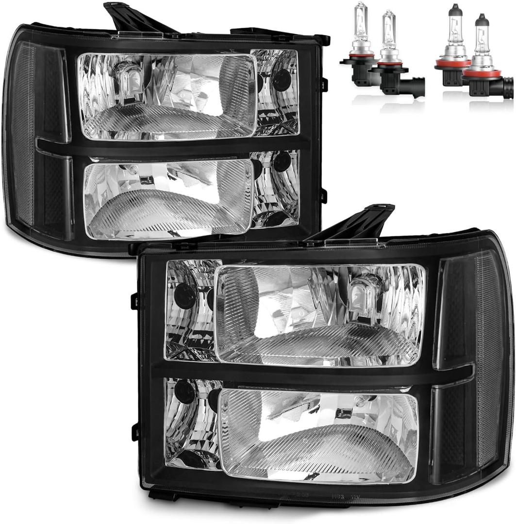 Headlights W/Bulbs for 2007-2013 GMC Sierra 1500/2007-2014 Sierra 2500 HD 3500 HD Halogen Headlamp Replacement Driver & Passenger Side