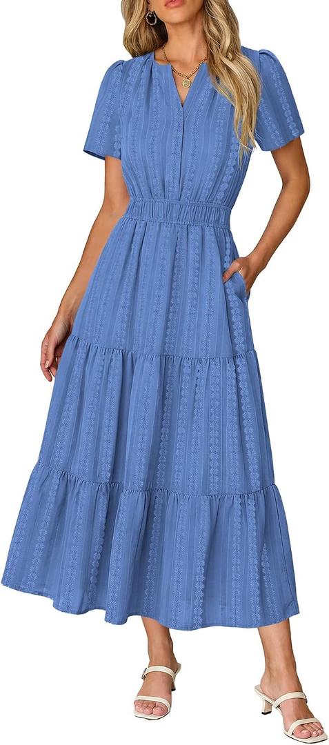 RUMIA Women Casual Midi Maxi Dresses Short Sleeve V Neck Elastic Waist Vacation Dress Pockets (Blue, S)