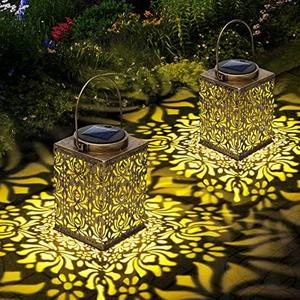 YWYWLED 2 Pack Bronze Solar Lanterns - Waterproof Metal Hanging Solar Lights Outdoor Decorative, Solar Powered LED Lamp for Patio Tabletop Porch Deck Yard Garden Decor for Outside (Rose)