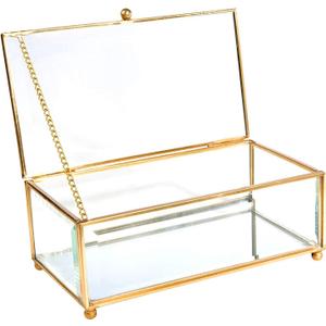 Vintage Gold Glass Keepsake Box Jewelry Holder Desktop Organizer, Decorative Accent, Vanity, Wedding Bridal Party Gift, Beveled Glass Boxes, Golden (Meas. 7.1x3.4x1.8)