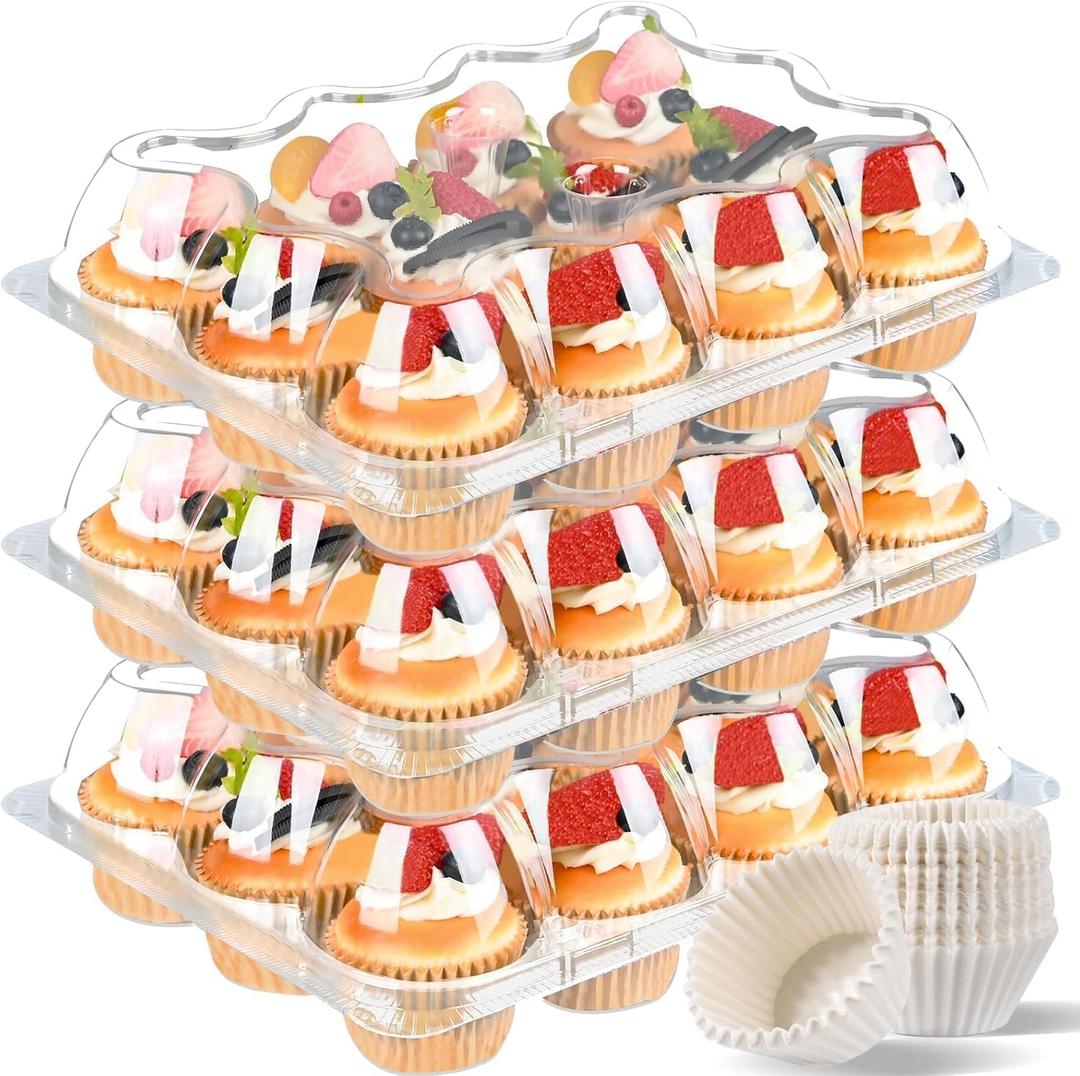 Plastic Cupcake Containers 12 Count (20 Sets), Stackable Cupcake Boxes Holders with Tall Dome Lid, Disposable Cupcake Carrier Trays Include 240 Cupcake Liners