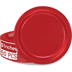 QZYL 50 PCS Paper Plates, Red Heavy Duty Party Plates, Round 9 Inches Disposable Paper Dinner Plates, Everyday Use Plates Set for Daily Meals Wedding Christmas Picnic Supplies