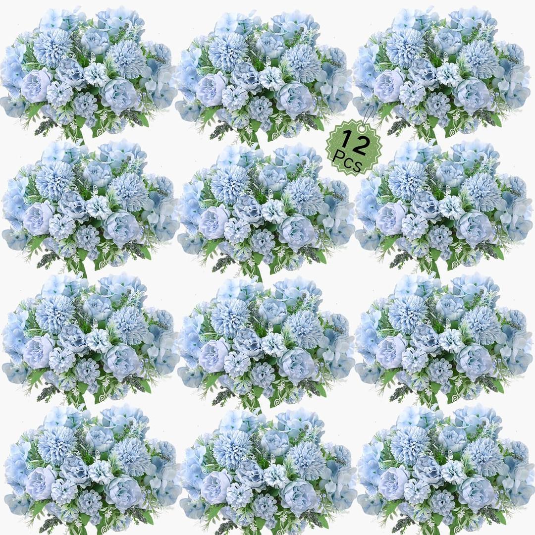 ASTRYAS Blue Artificial Flowers, 12Pcs Fake Peony Silk Peonies for Decoration Blue Faux Flower Arrangements for Spring Office Home Decor Wedding Party (Light Blue)