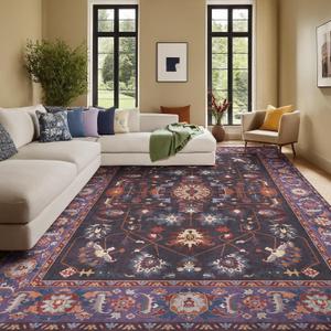 Kokia 9x12 Area Rugs Living Room Soft Washable Non-Slip Low Pile Purple Floral Medallion Stain Resistant Rugs for Bedroom, Dining Room, Kitchen, Indoor Leisure Rooms, Nova Violet Plum Pumpkin