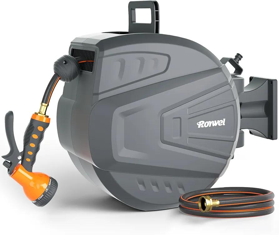Retractable Hose Reel 1/2" X 100ft Garden Hose Reel,Auto Rewind/Self-Locking System/Wall Mounted/180°Pivot Bracket With 9- Function Sprayer Nozzle For Garden Lawn Garage watering