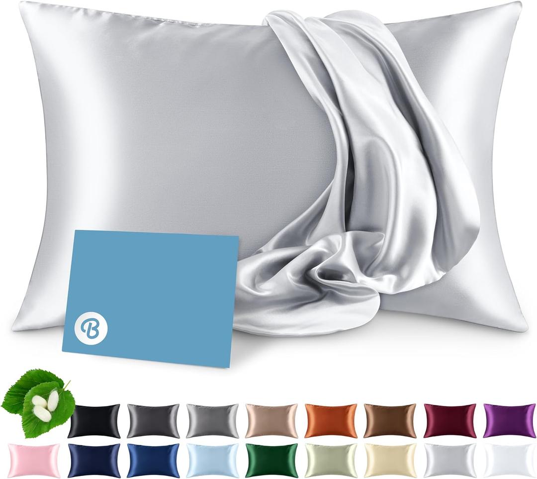 Bare Home 100% Mulberry Silk Pillowcase for Hair and Skin - Ultra Premium 6A Grade 19 Momme Silk Pillow Case - Hidden Zipper - Breathable Cooling Pillow Cover (Queen, Silver)