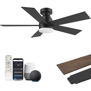 42In Smart Ceiling Fans with Lights Remote,Control via Voice Alexa App,Quiet DC Motor,Flush Mount Low Profile Ceiling Fan for Modern Bedroom,Patio,Outdoor Indoor,Black&Brown,6 Speed,Dimmable,5 Blade