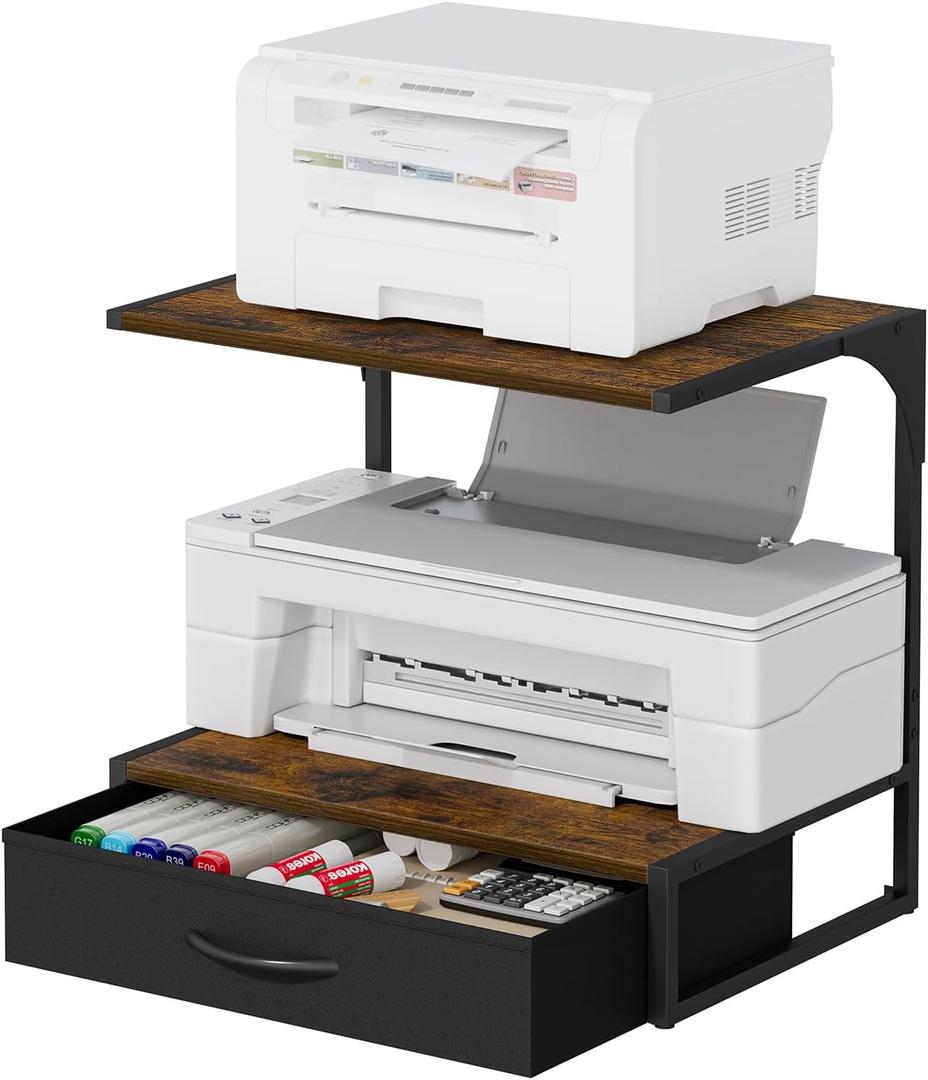 VYUOL Printer Stand with Storage for Desk, with Fabric Drawer Desktop Printer Stand Shelf Organzier for Home Office, for Above and Under Desk Printer Table, Fax Machine Copier Scanner, Brown