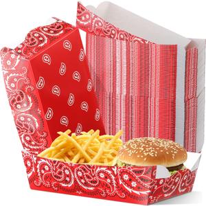 Remerry 100 Pieces Cowboy Paper Food Trays Party Supplies Western Paisley Snack Candy Holder Disposable Serving Trays for Cowboy Party Decorations Food (Red)