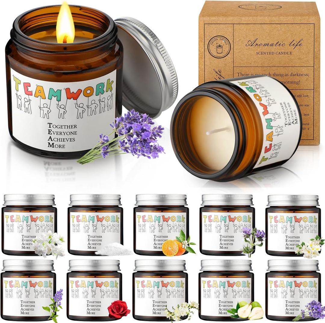 MTLEE 10 Pcs Christmas Thank You Gift Candles Scented Soy Jar Candle Bulk Inspirational Team Coworker Gifts Bulk 3.5 oz Staff Appreciation Gifts for Women Employees Teacher Boss Yoga Home(Team)