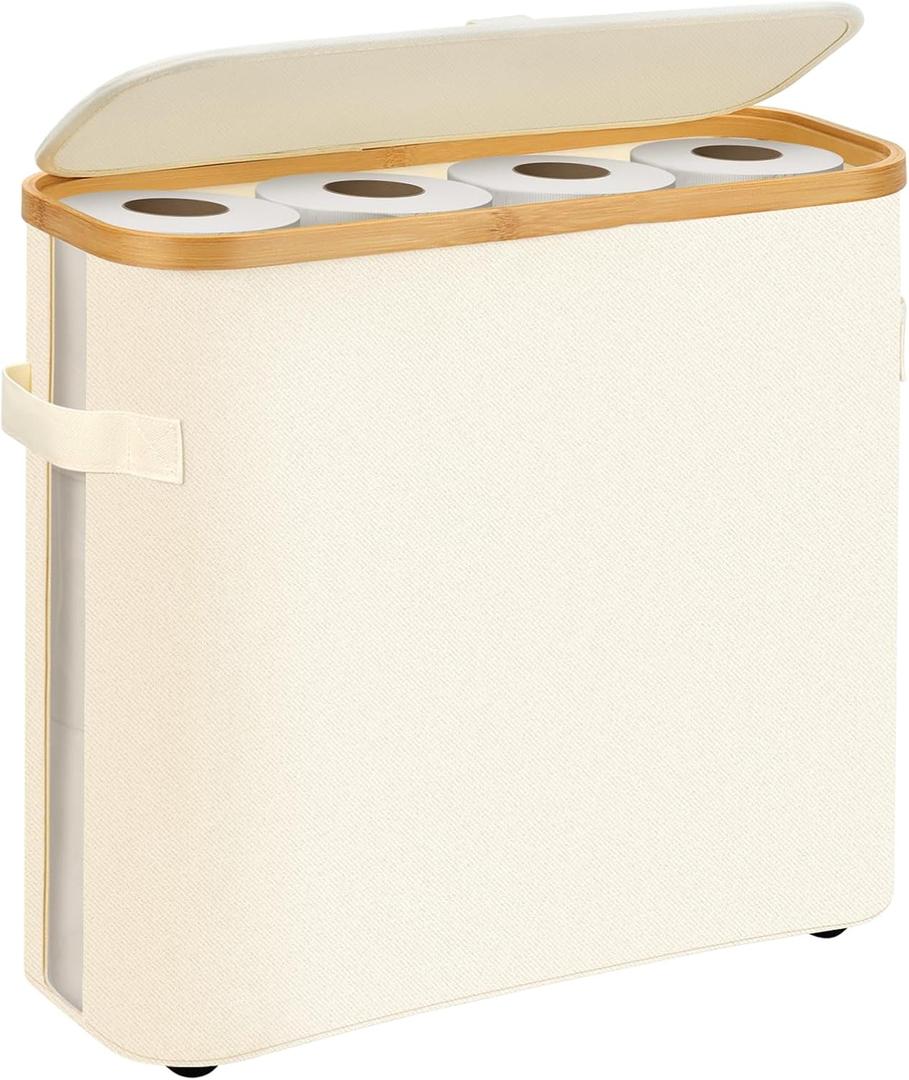 Bamboo Lid Toilet Paper Holder for 16 Rolls - Waterproof Bathroom Storage Basket with Anti-Slip Base & Side Window - Foldable Organizer for Small Spaces (Beige)