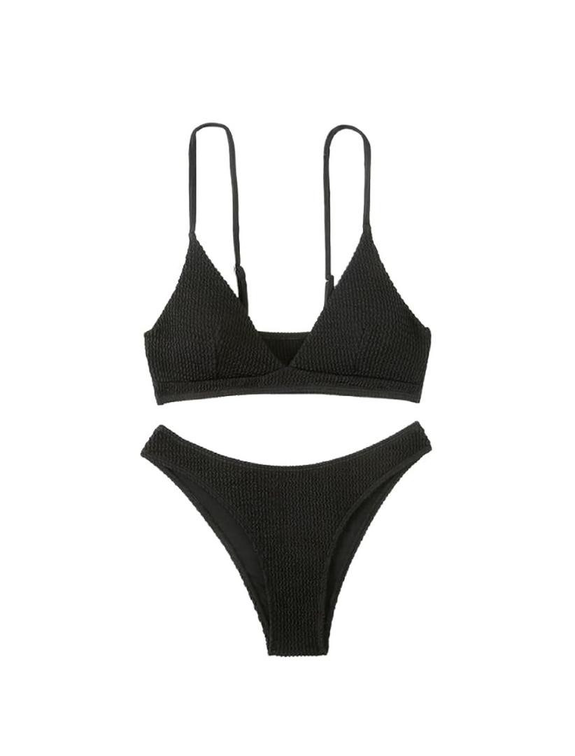 Women's Sexy Two Piece Tummy Control Thong Bottom V Neck Bikini Swimsuits, size L
