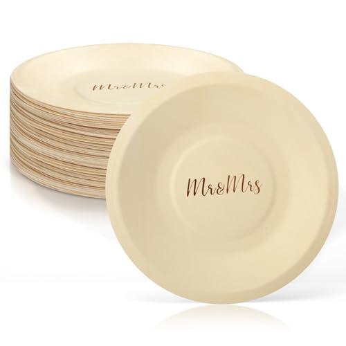 RimCereal 50 Pack Wood Wedding Plates Bulk Disposable Mr and Mrs Wooden Engagement Party Disposable Round Dessert Plates for Wedding Engagement Party Decorations Appetizer Cake 5.51 x 5.51 Inch
