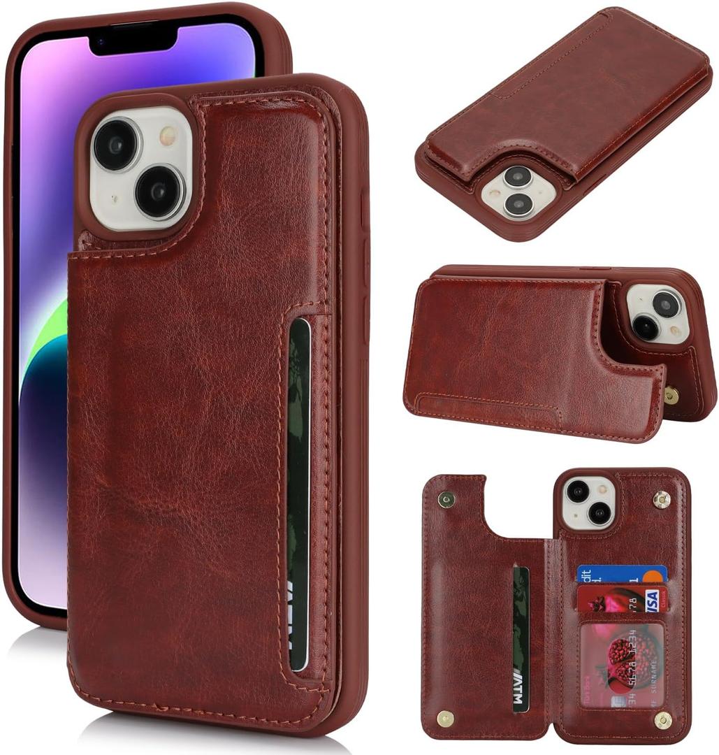 iCoverCase Compatible with iPhone 14 Plus Phone Case with Card Holder, Wallet Case for Women Men RFID Blocking PU Leather Protective Case 6.7 Inch (Dark Brown)