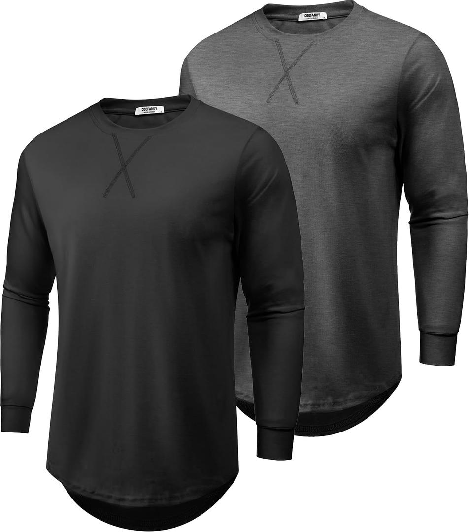 COOFANDY Mens Cotton Hipster Hip Hop Longline Crewneck T Shirts Casual Long Sleeve Tees Curved Hem Gym Shirts (Black)
