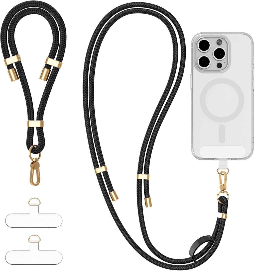 4-IN-1 Phone Lanyard + Wrist Strap Kit with 2 Pack Tabs, Universal Adjustable Phone Strap Crossbody, Anti-Theft Neck Lanyard for iPhone 17 Pro Max and Most Smartphones, Black