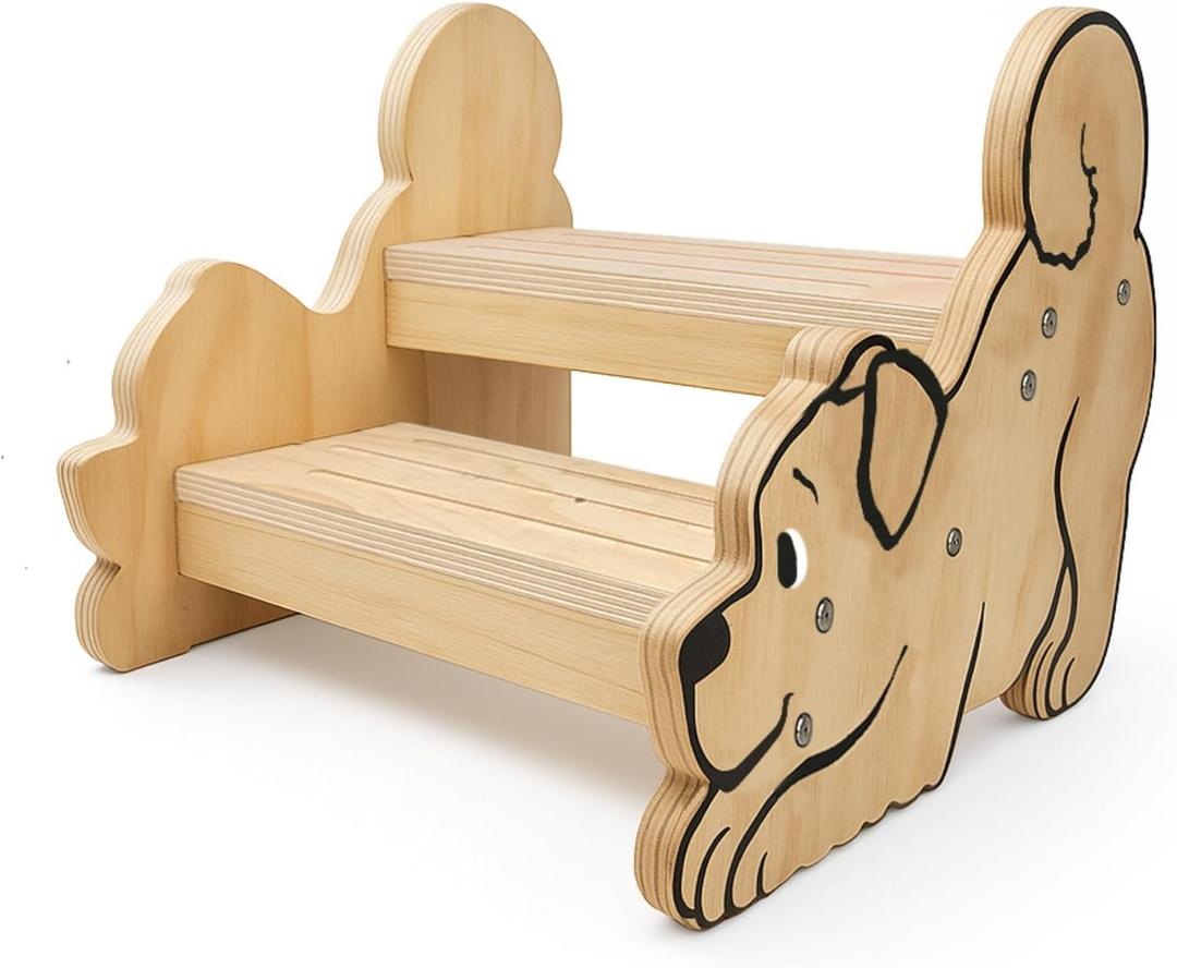 Motherly Haven Wooden Step Stool for Toddlers & Kids, 2-Step Dog Design, Anti-Slip Bathroom Toilet Potty Training Stool, Durable Kitchen Step Stools for Independence & Safety