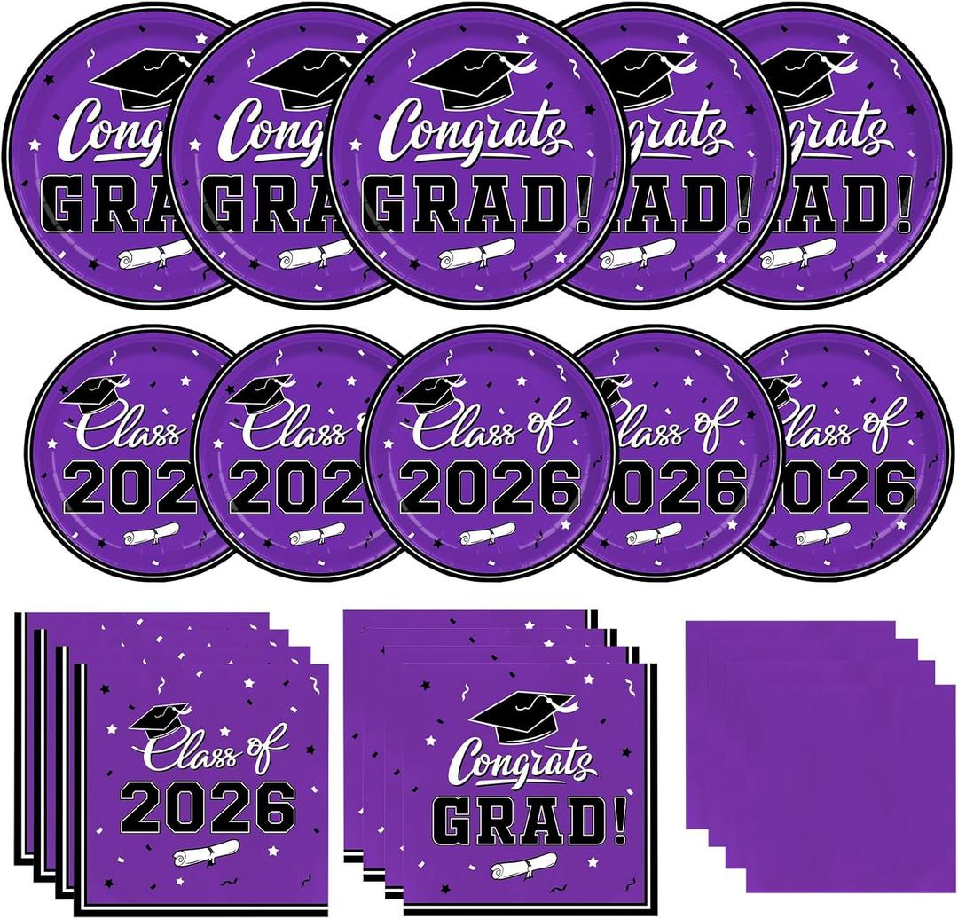Graduation Party Plates and Napkins Gatherfun 2026 Graduation Party Supplies Purple Disposable Paper Plates Luncheon Cocktail Napkin for Congrats Grad Decorations, Serve 50