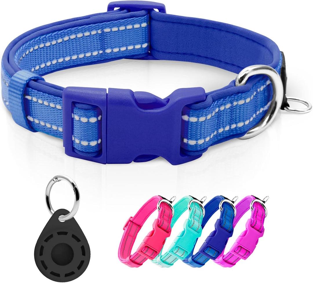 azuza Reflective Dog Collar with Airtag Holder, Soft Neoprene Padded Pet Collar with ID Tag Ring, Adjustable for Large Dogs,Royal Blue,L (Large (Pack of 1))