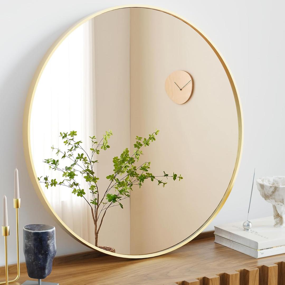 NEWBULIG Round Bathroom Mirror for Over Sink, 24 Inch Wall Mount Vanity Circle Mirror with Matte Metal Framed, Decor for Bathroom, Entryway, Bedroom, Gold