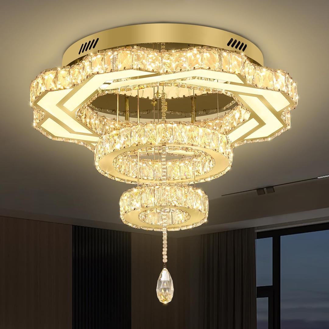 Flashing God Modern Crystal Chandeliers Dia 24" Gold Ceiling Chandelier Flush Mount Crystal Ceiling Light for Bedroom Living Room Dining Room Hallway LED Dimmable