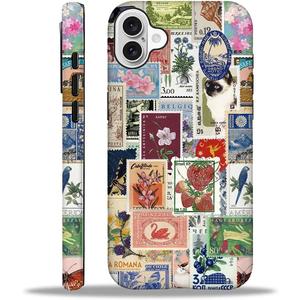 Case for iPhone 16 Plus,Vintage Stamp Collage for Woman Men Full Body Protective Cover Shockproof 2 in 1 Silicone + Hard PC Case for iPhone 16 Plus