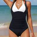 Smismivo Ribbed Halter One Piece Tummy Control Swimsuit for Women Cute Color Block Bathing Suits Push Up 2025 (Black, Large)