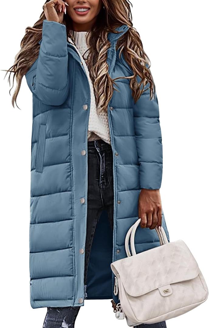 HEEKPEK Womens Winter Long Puffer Coats Thicken Warm Quilted Jacket Mid-Length with Side Zipper and Hood Parka Outerwear (X-Large, Blue)
