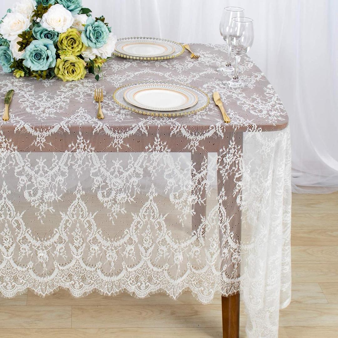 ShinyBeauty Lace-Tablecloth-Rectangular White 5Pack 60X120 Inches Vintage Eyelash Lace Fabric Tablecloth Shabby Chic Linen Table Cover Overlay Used for Wedding Holiday Party Baby Shower Decor
