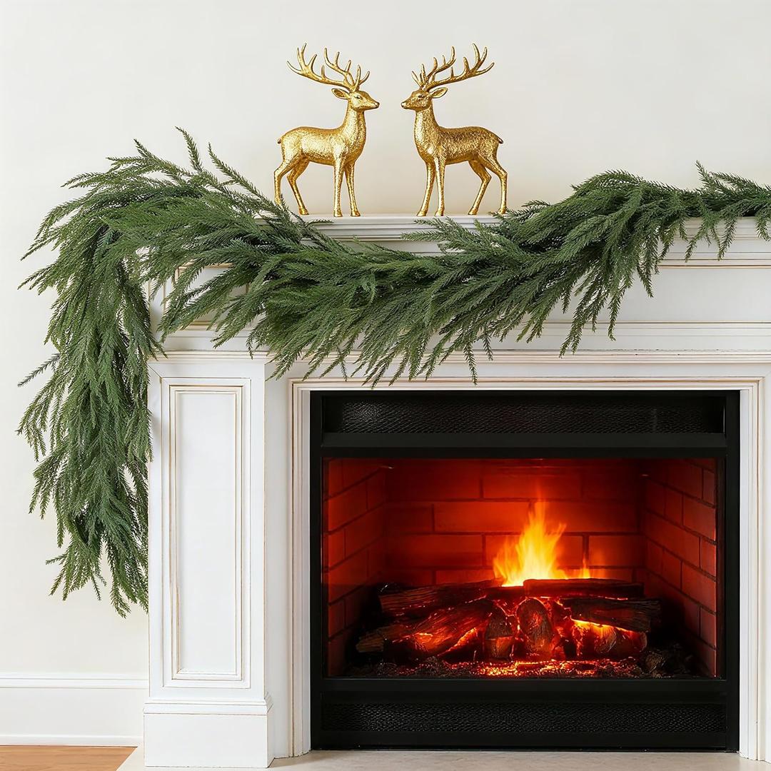 9 FT Christmas Norfolk Pine Garlands, Artificial Real Touch Winter Pine Garland, Green Realistic Greenery Garland for Holiday, Window, Fireplace, Mantle, Indoor Outdoor, Christmas Decor (1 Pcs)