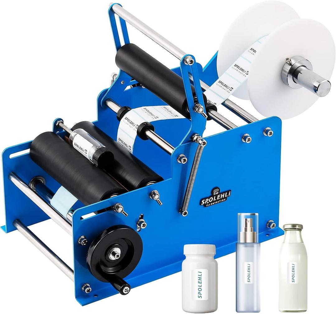 Bottle Labeling Machine with Swing Arm, Manual Round Bottle Labeler Label Applicator Adjustable Self-Adhesive Labeling Machine for 0.6-4.7 Cylinder (with Pressing bar)