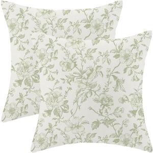 Sage Green Pillow Covers 20x20 Inch Vintage Light Green Floral Throw Pillows Set of 2 Chinoiserie Farmhouse Flowers Pillowcases Outdoor Decor for Living Room Bedroom Linen Square Cushion