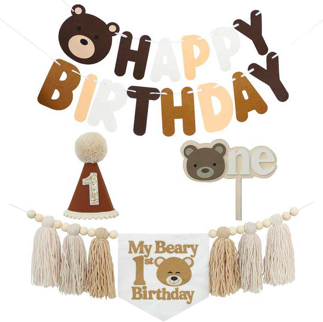 Bear 1st Theme First High Chair Banner For 1st Birthday Party Decorations With One Cake Topper (White Beige Khaki)