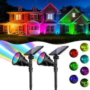 ROSHWEY Solar Spot Lights Outdoor, 7 Colors Halloween Christmas Outdoor Lights Waterproof Landscape Light 600LM Solar Spotlight Lighting for House Backyard Pool Patio Garden Decor - Pack of 2 