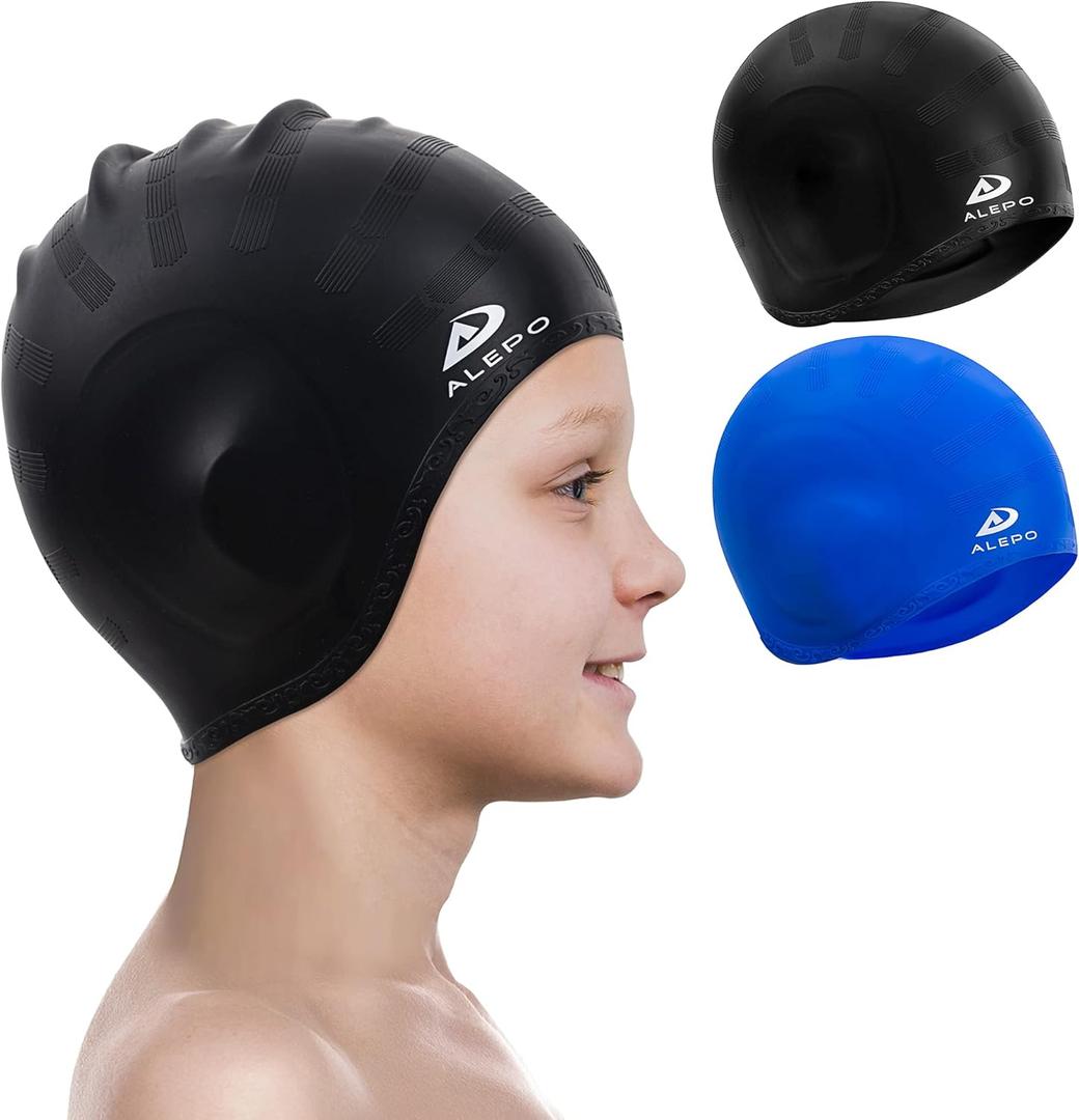 2 Pack Kids Swim Caps for Boys Girls, Durable Silicone Swimming Cap with 3D Ear Pockets for Age 3-15 Toddler Child Youth Teen, Unisex Swim Bath Hats for Short/Long Hair with Ear Plugs Nose Clip (Black&Blue)