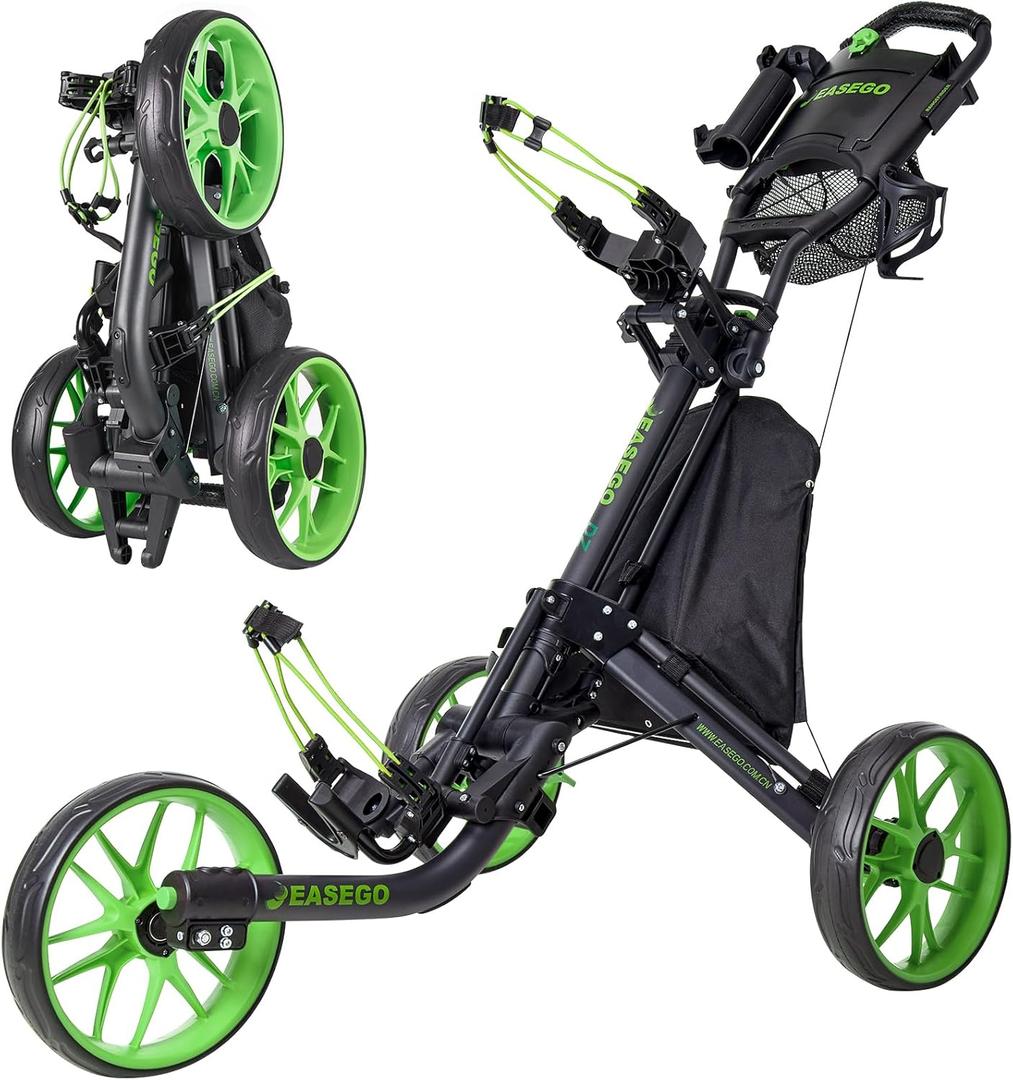 Golf Push Cart 3 Wheel : Golf Bag Cart Foldable with Phone Holder/Cup/Umbrella Holder Compact Golf Pull Carts Quick Fold Golf Caddy Push Carts with Large Wheelbase for Different Terrain (Lime Green)