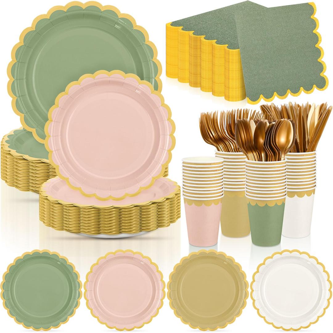 Mimorou 338 Pcs Sage Green and Pink Plates and Napkins Party Supplies Green and Rose Gold Tableware Include Scalloped Plates Paper Napkin Cup Spoon Fork Knife for Baby Shower, Wedding, Birthday