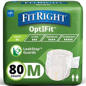 FitRight Adult Diapers, Extra+ Heavy Absorbency, M (Waist Size 32in-44in), 80 Count, OptiFit Incontinence Briefs for Men and Women, Disposable, Moisture-Wicking, Leak Protection 