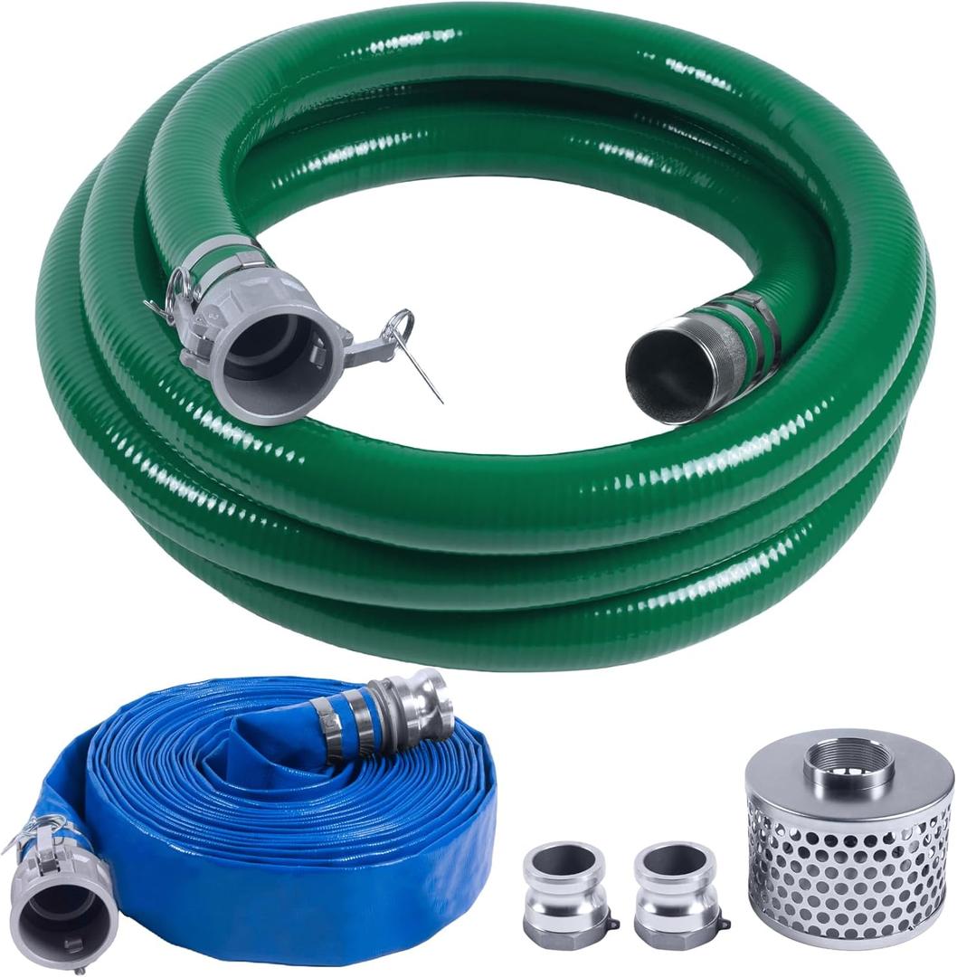 Discharge Hose Pump Kit Includes 2" x 65' Blue PVC Lay-Flat Backwash Hose & 2" x 20' Green PVC Suction Hose & Steel Round Hole Suction Strainer & Cam and Groove Adapter, for water/trash pump