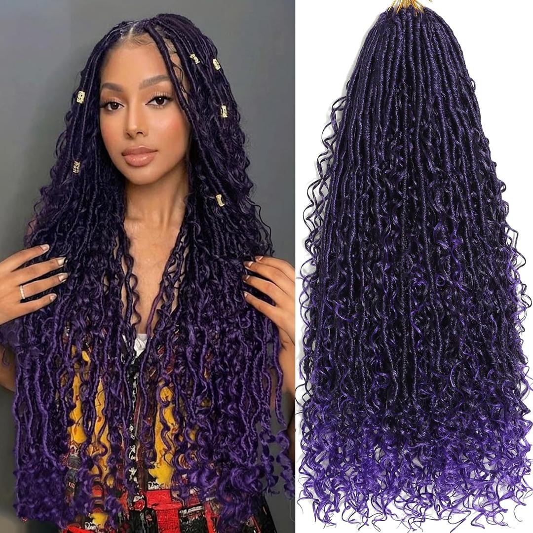 Purple Ombre Goddess Locs Crochet Hair 7-Pack Pre Looped Braiding Hair 84 Strands Bohemian Faux Loc Boho Braids River Locs Dreadlocs Hair for Black Women (Tpurple, 24 Inch(Pack of 7))